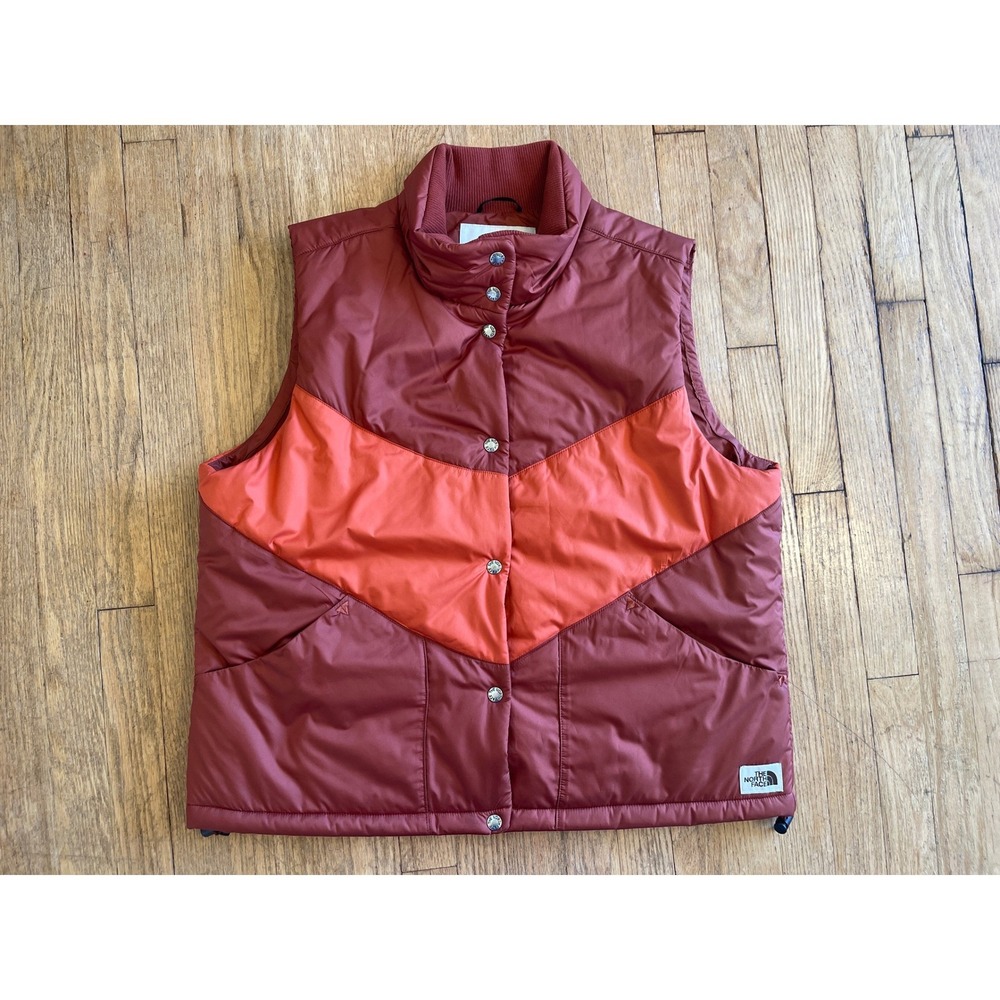 The North Face‎ Womens Sylvester Chevron Puffer Vest XL Burgundy Orange Gorpcore - Picture 2 of 9